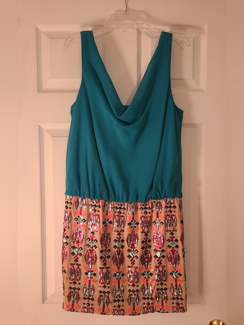 Charlotte Russe Teal Sleeveless Mini Dress with Sequin Patterned Skirt